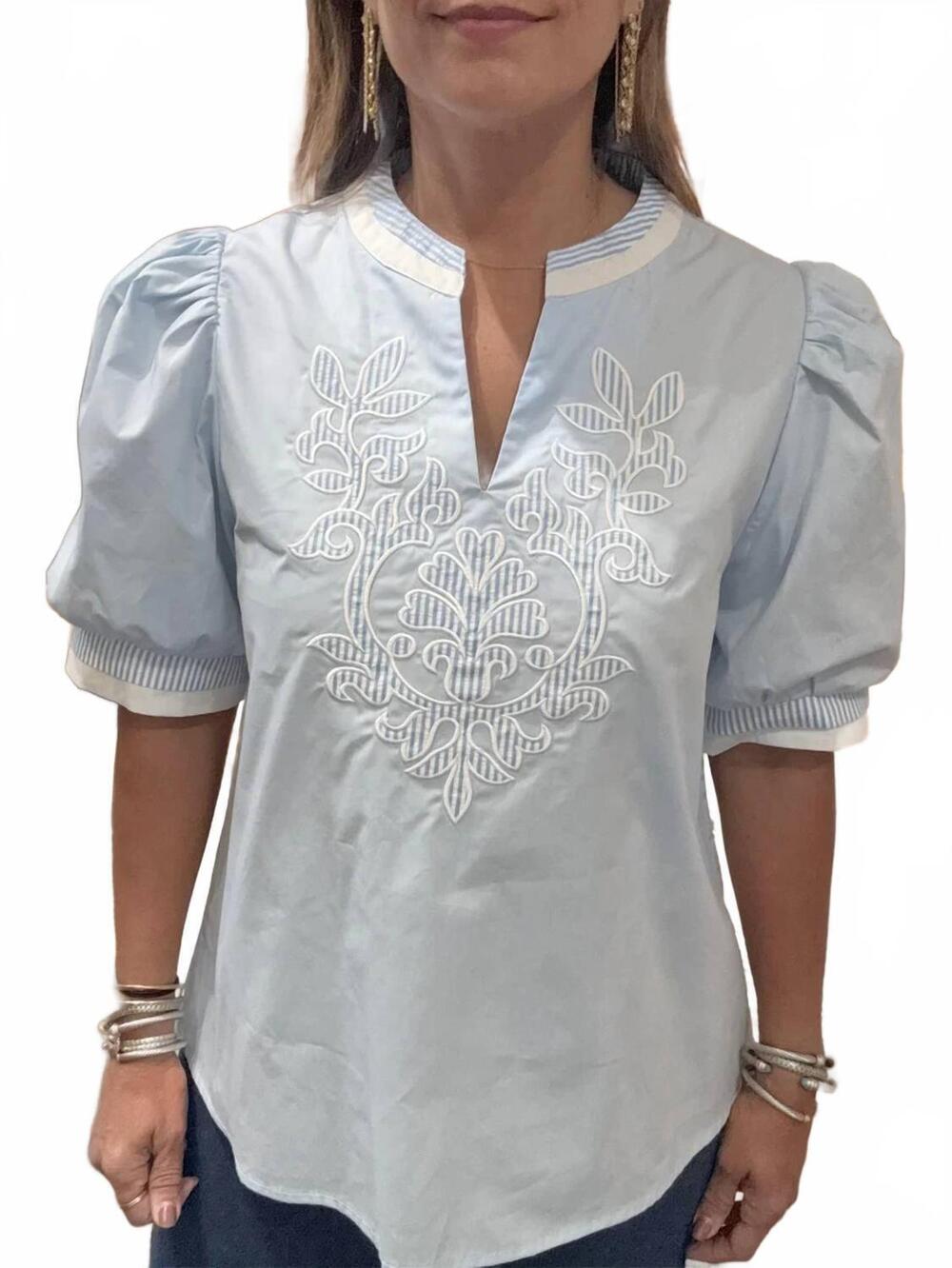NEW SHE + SKY women's sydney embroidered top in light blue